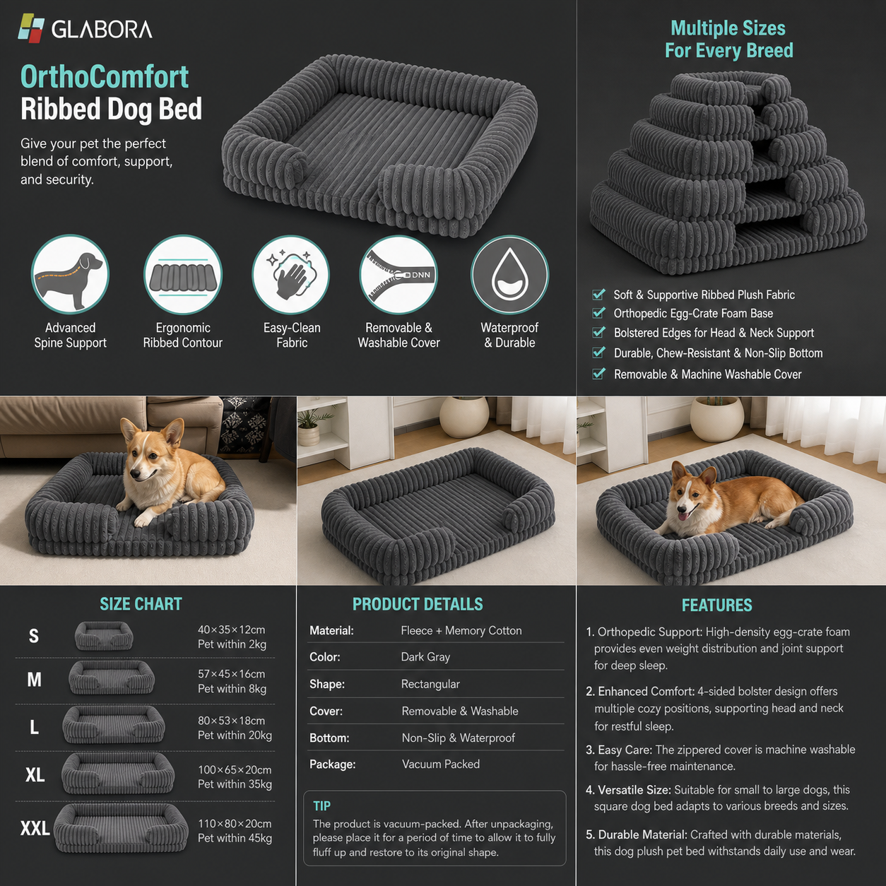 GLABORA SENIOR DOG MOBILITY KIT 4-IN-1 | LIFT HARNESS, FOLDABLE RAMP, ORTHOPEDIC BED, AND NON-SLIP SOCKS