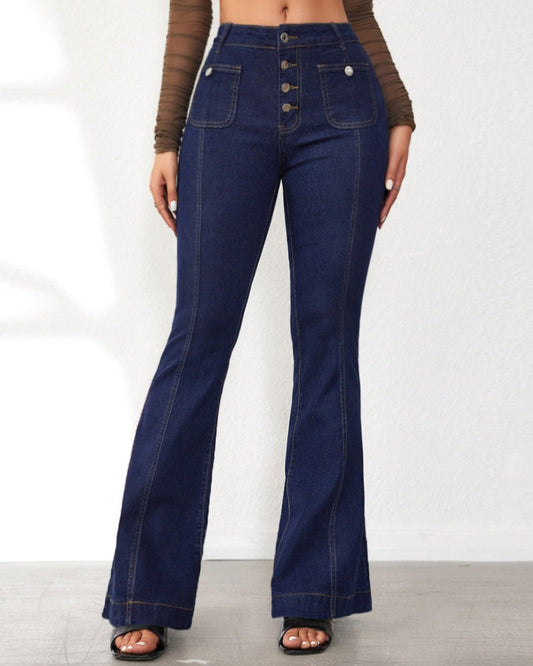 Ottavina | Women's High-Waisted Flare Jeans with Buttons - Elongated Silhouette