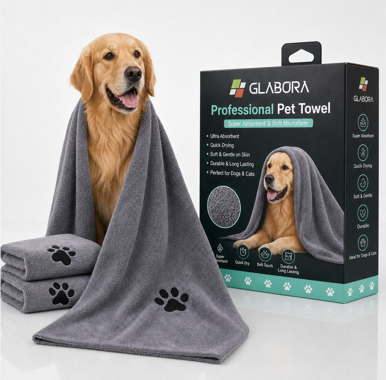 Glabora Kit Toelettatura Cani Professionale 4-in-1 | Tagliaunghie Elettrico, Spazzola Slanatore, Spazzola Bagno in Silicone e Asciugamano Microfibra