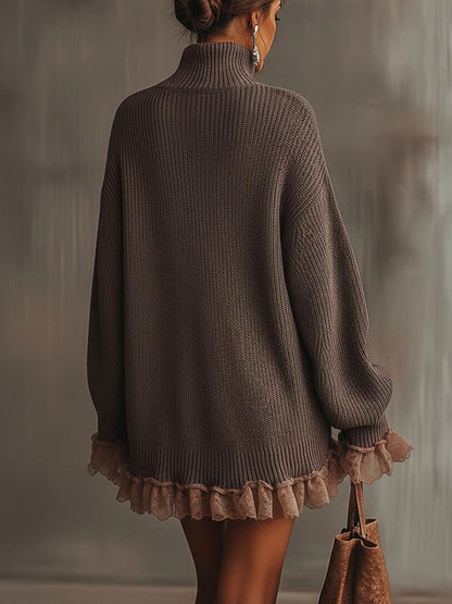 Carlotta | Abito Maglia Donna con Collo Alto e Balze in Pizzo - Romantico Invernale