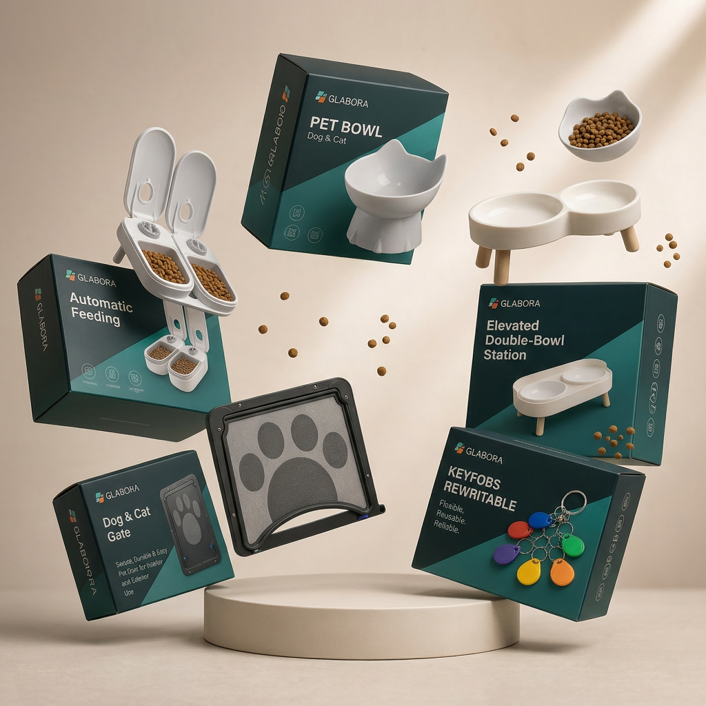 GLABORA KIT PASTI SERENI MULTI-ANIMALE 5-IN-1 | CIOTOLA RIALZATA GATTO, DISTRIBUTORE AUTOMATICO 2 PASTI, STAZIONE DOPPIA CIOTOLA, PORTA BASCULANTE E 10 KEYFOB RFID