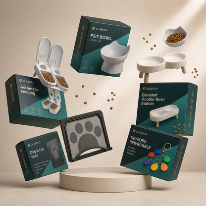 GLABORA KIT PASTI SERENI MULTI-ANIMALE 5-IN-1 | CIOTOLA RIALZATA GATTO, DISTRIBUTORE AUTOMATICO 2 PASTI, STAZIONE DOPPIA CIOTOLA, PORTA BASCULANTE E 10 KEYFOB RFID