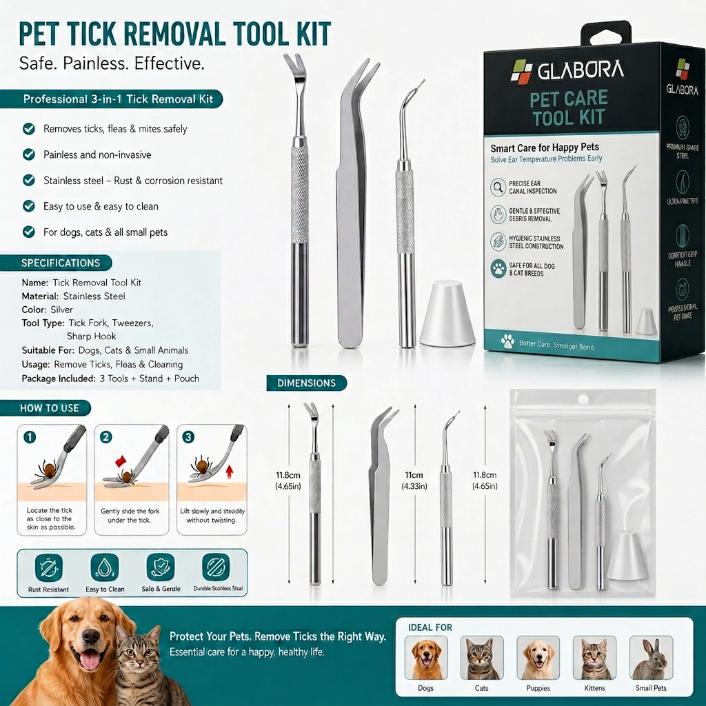 Glabora Kit Pronto Soccorso Animali 4-in-1 | Termometro Auricolare, Kit Zecche, Benda Coesiva e Ginocchiera Ortopedica per Cani e Gatti