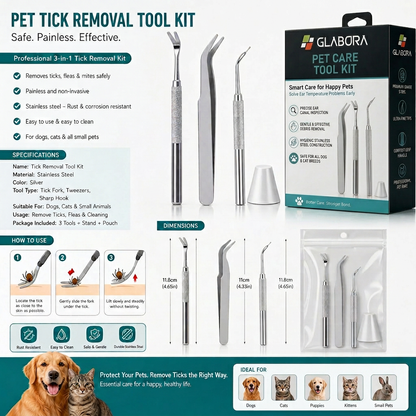 Glabora Kit Pronto Soccorso Animali 4-in-1 | Termometro Auricolare, Kit Zecche, Benda Coesiva e Ginocchiera Ortopedica per Cani e Gatti