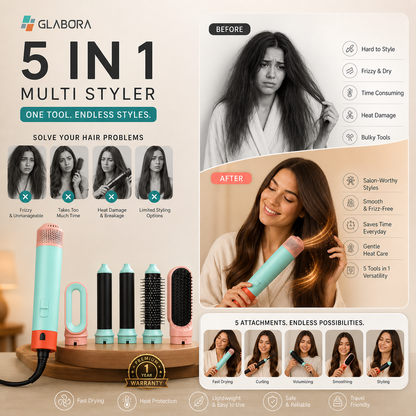 Styler MultiFunzione 5 in 1 | Asciugacapelli con Spazzola ad Aria Calda e Cilindro Arricciacapelli | Strumento Versatile per Styling Capelli Perfetti