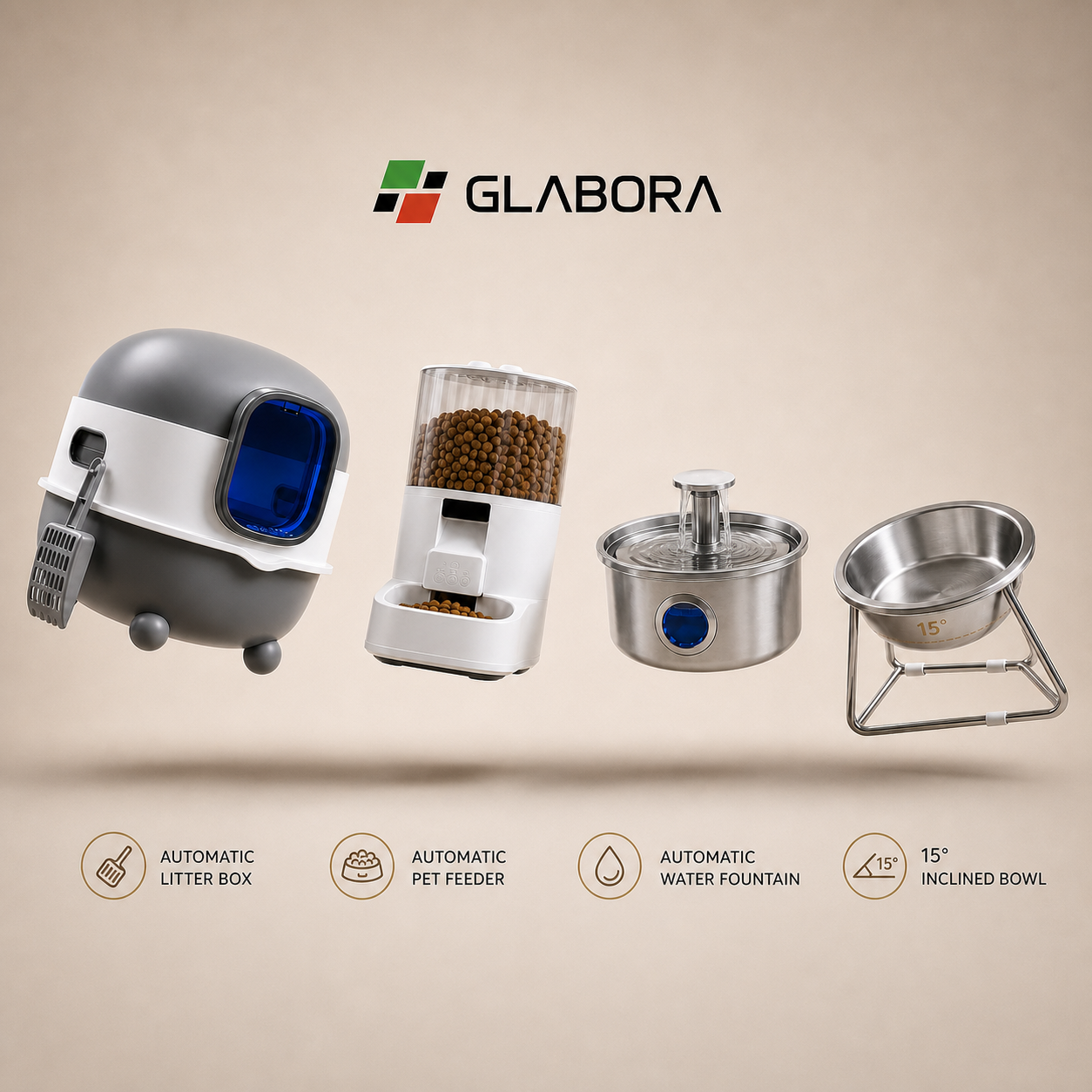Glabora Cat Care Kit 4-in-1 | Lettiera Automatica, Mangiatoia Gravity, Fontana Filtrante e Ciotola Ergonomica 15° per Gatti