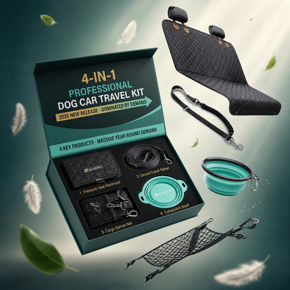 GLABORA KIT VIAGGIO AUTO CANI 4-IN-1 | COPRISEDILE IMPERMEABILE, CINTURA SICUREZZA, RETE BARRIERA E BORRACCIA PORTATILE