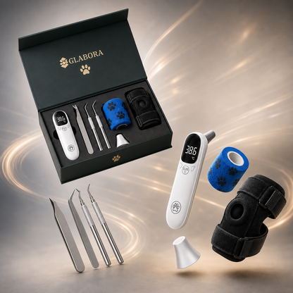 Glabora Kit Pronto Soccorso Animali 4-in-1 | Termometro Auricolare, Kit Zecche, Benda Coesiva e Ginocchiera Ortopedica per Cani e Gatti