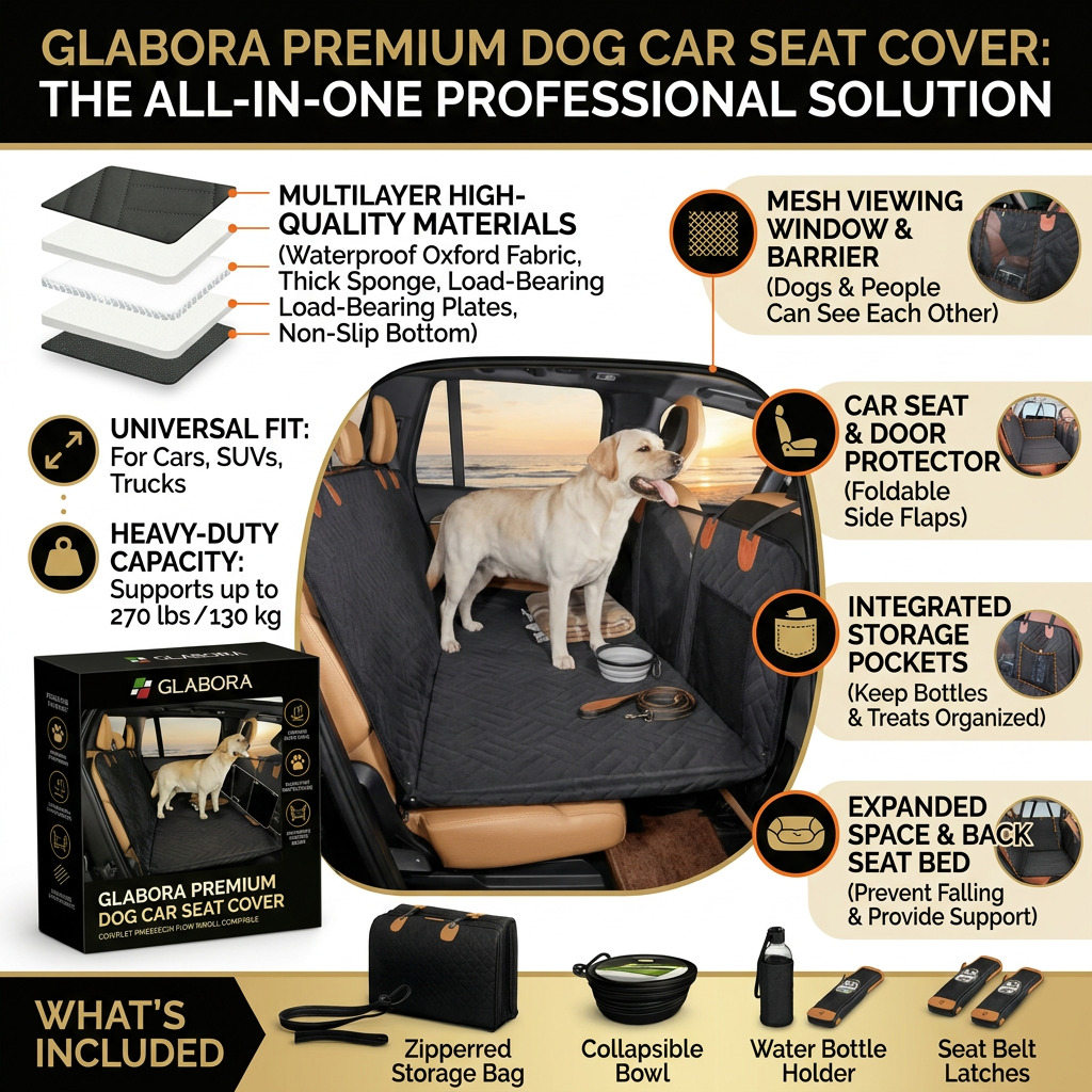 GLABORA KIT VIAGGIO AUTO CANI 4-IN-1 | COPRISEDILE IMPERMEABILE, CINTURA SICUREZZA, RETE BARRIERA E BORRACCIA PORTATILE