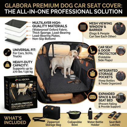 GLABORA KIT VIAGGIO AUTO CANI 4-IN-1 | COPRISEDILE IMPERMEABILE, CINTURA SICUREZZA, RETE BARRIERA E BORRACCIA PORTATILE