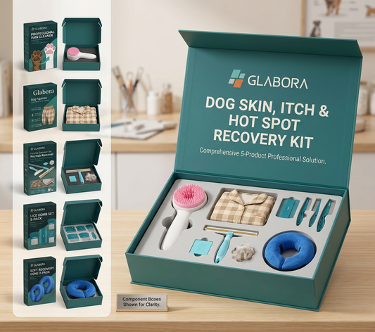 GLABORA HUIDHERSTEL, JEUK EN HOT SPOT HONDENPAKKET 5-IN-1 | PAW CLEANER, WATERDICHTE PAK, HAARENTFERNER, KAMSET EN OPBLAASBARE HERSTELHALSBAND
