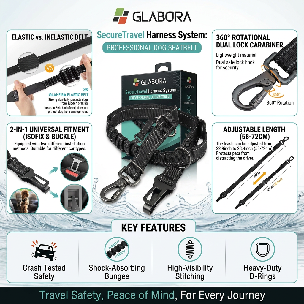 GLABORA KIT VIAGGIO AUTO CANI 4-IN-1 | COPRISEDILE IMPERMEABILE, CINTURA SICUREZZA, RETE BARRIERA E BORRACCIA PORTATILE