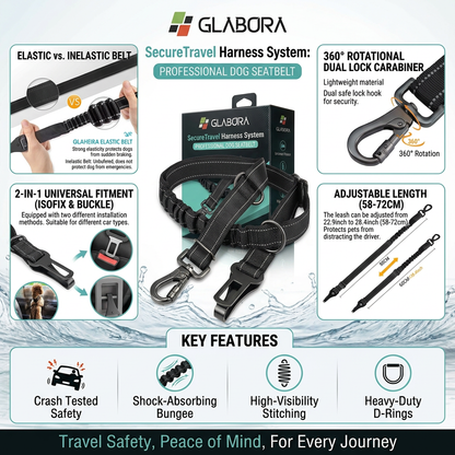 GLABORA KIT VIAGGIO AUTO CANI 4-IN-1 | COPRISEDILE IMPERMEABILE, CINTURA SICUREZZA, RETE BARRIERA E BORRACCIA PORTATILE