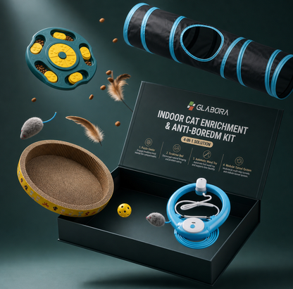GLABORA KIT ARRICCHIMENTO GATTI 4-IN-1 | GIOCATTOLO AUTOMATICO, PUZZLE FEEDER, TIRAGRAFFI LETTO E TUNNEL MODULARE