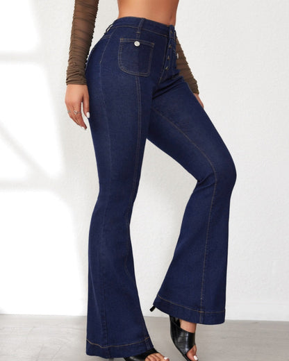 Ottavina | Women's High-Waisted Flare Jeans with Buttons - Elongated Silhouette