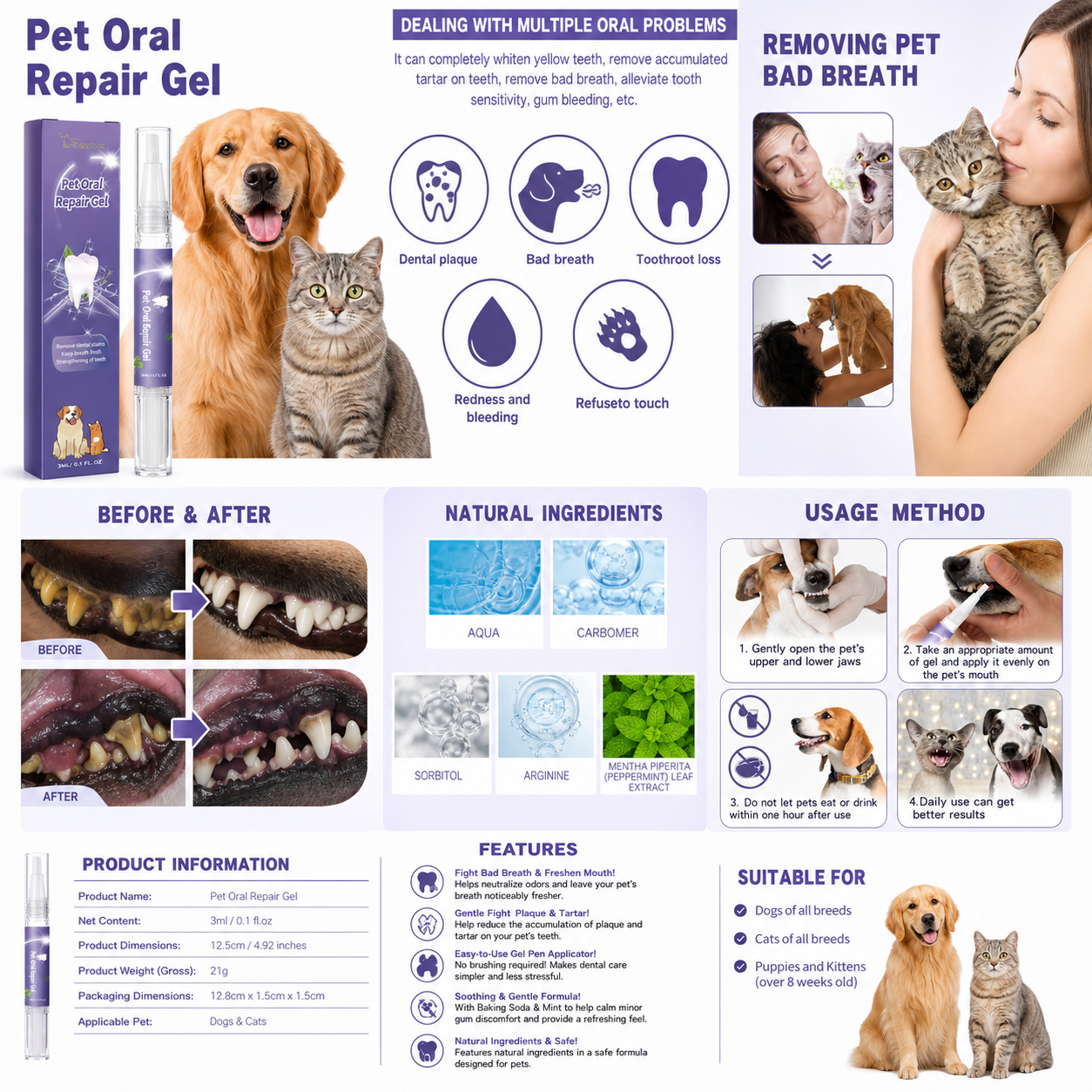 Glabora Kit Cura Dentale per Cani e Gatti 4-in-1 | Dentifricio Enzimatico, Spazzolino Dito, Penna Sbiancante e Additivo Acqua