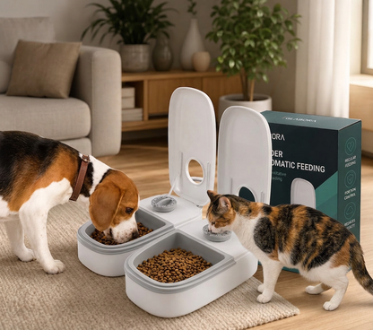 GLABORA KIT PASTI SERENI MULTI-ANIMALE 5-IN-1 | CIOTOLA RIALZATA GATTO, DISTRIBUTORE AUTOMATICO 2 PASTI, STAZIONE DOPPIA CIOTOLA, PORTA BASCULANTE E 10 KEYFOB RFID