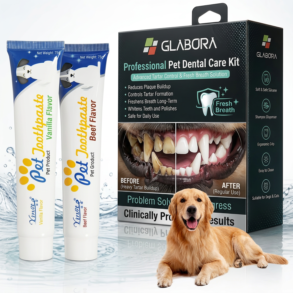 Glabora Kit Cura Dentale per Cani e Gatti 4-in-1 | Dentifricio Enzimatico, Spazzolino Dito, Penna Sbiancante e Additivo Acqua