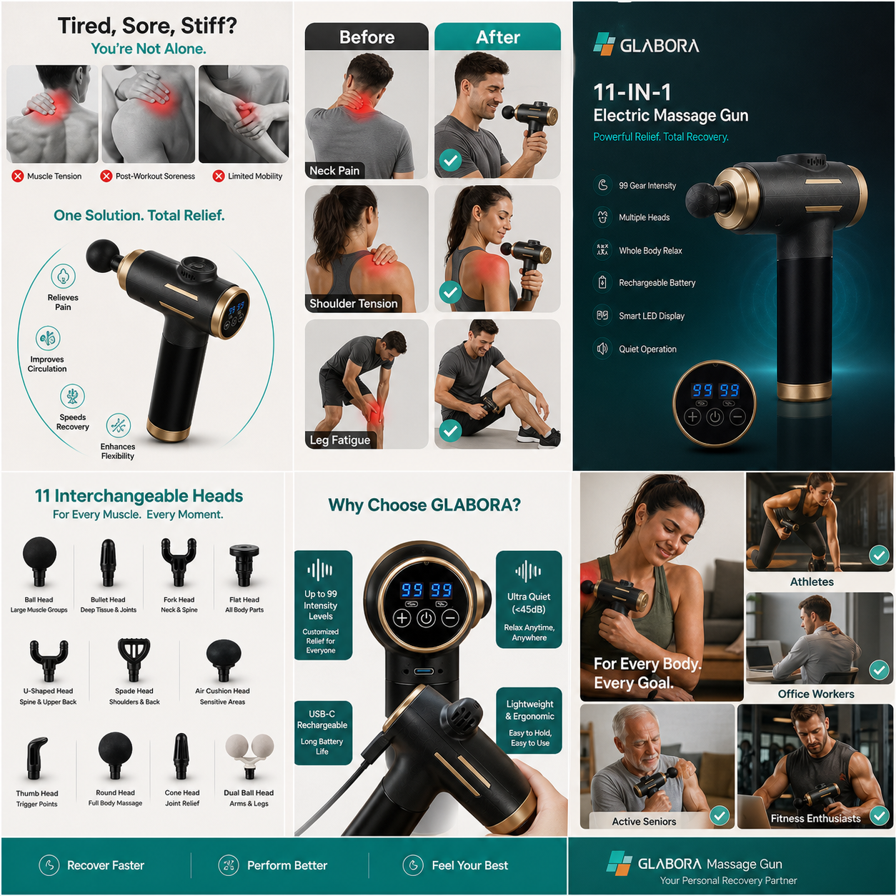 11-IN-1 Electric Massager | Massage Gun with 99 Intensity Levels | Ergonomic for Muscle Relaxation and Recovery