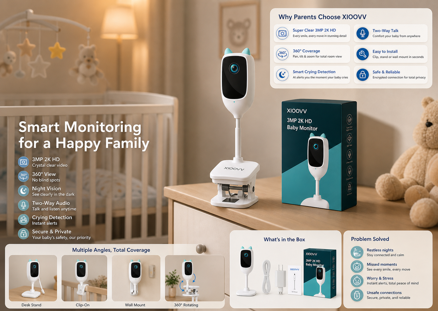 Monitor WiFi 4MP | Telecamera di Sicurezza con Visione Notturna e Rotazione 360° | Sorveglianza Completa per il Tuo Bambino