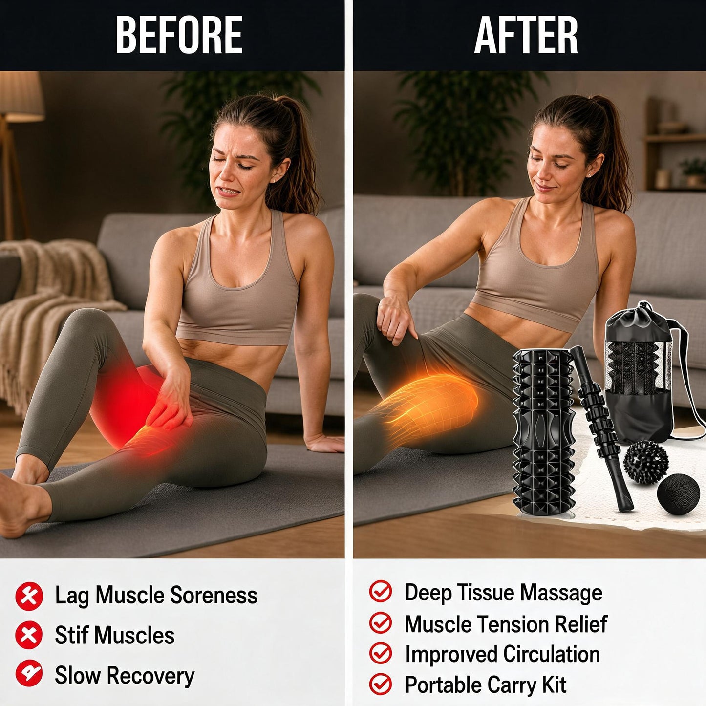 Massaggio Profondo | Set 5 in 1 con Sfera, Bastone e Rullo per Esercizi di Fitness e Recupero Muscolare