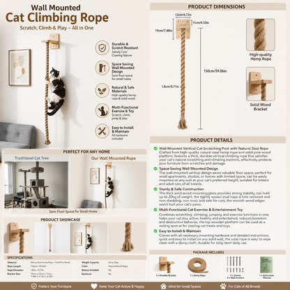 GLABORA KIT TERRITORIO VERTICALE E FINESTRA PER GATTI 4-IN-1 | MENSOLE DA PARETE, CORDA DA ARRAMPICATA, AMACA DA FINESTRA E MANGIATOIA PER UCCELLI