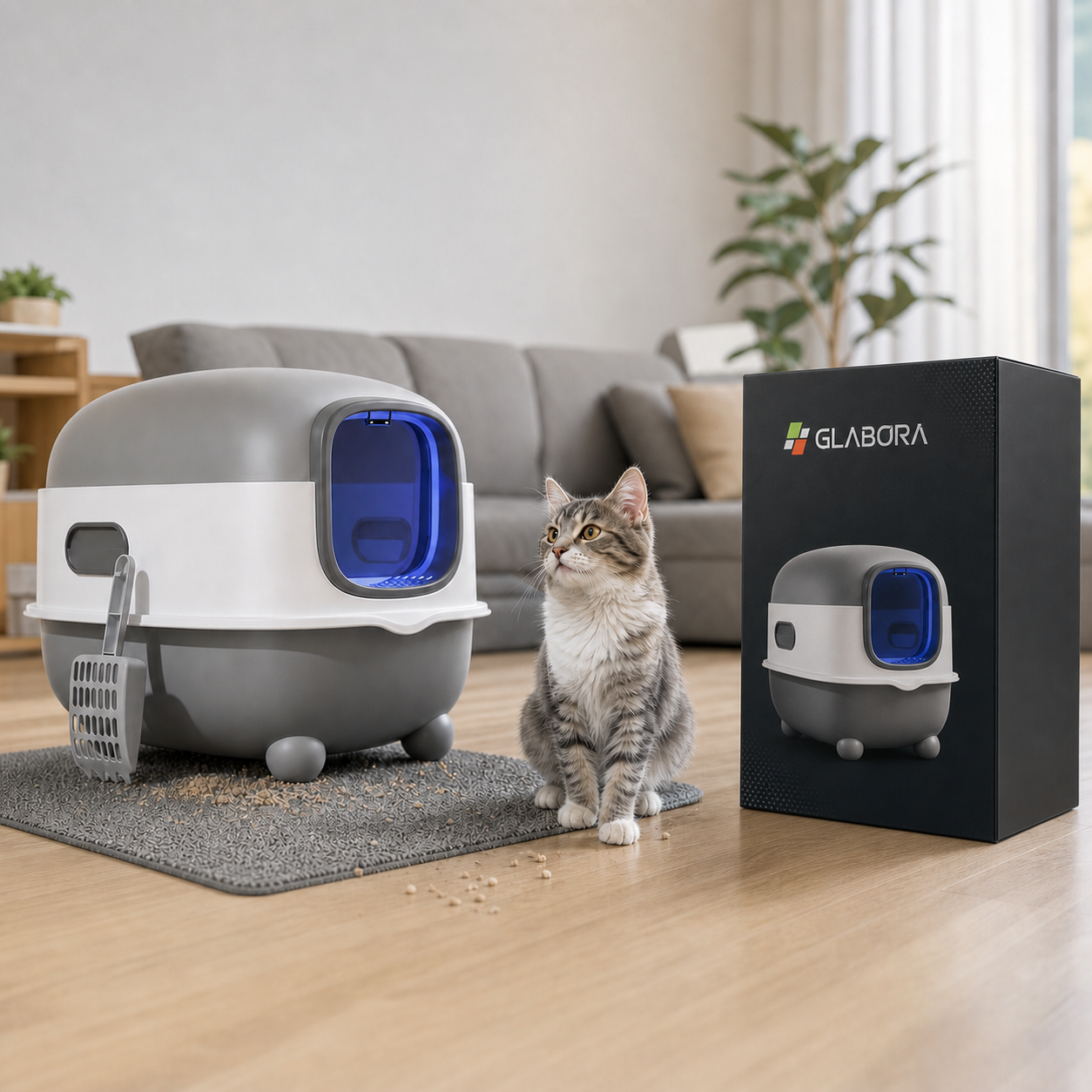 Glabora Cat Care Kit 4-in-1 | Lettiera Automatica, Mangiatoia Gravity, Fontana Filtrante e Ciotola Ergonomica 15° per Gatti