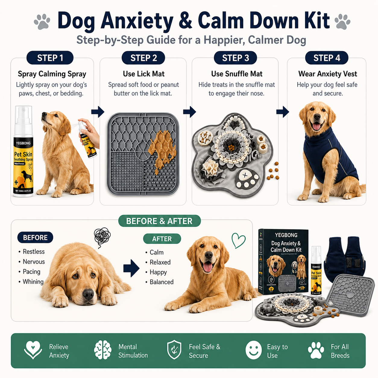 Glabora 4-in-1 Anti-Anxiety Dog Kit, Pressure Vest, Snuffle Mat, Lick Mat & Calming Spray, Stress Relief for Dogs