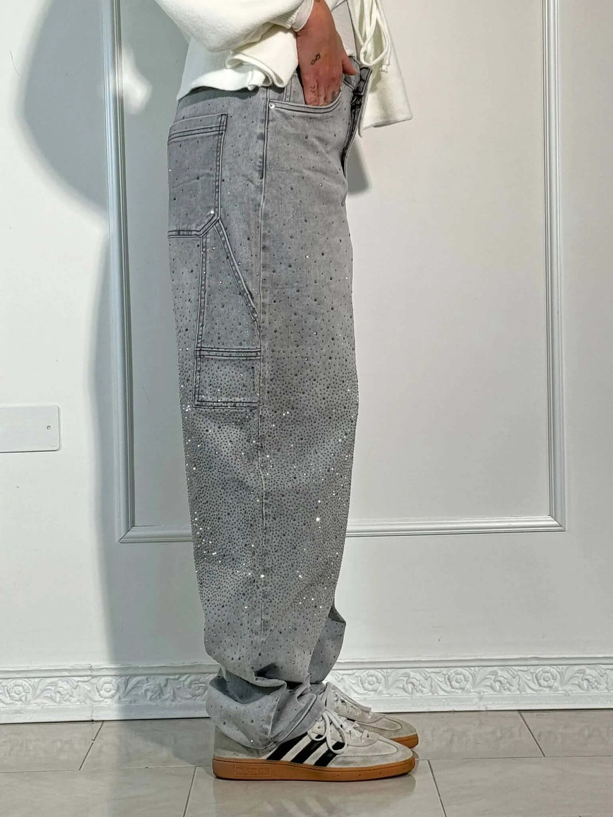 Renata | Women's Balloon Jeans with Jewel Details - Shimmering Carpenter Style