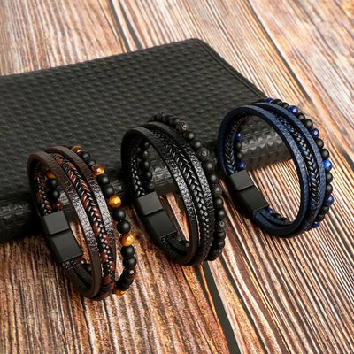 Bracciale Uomo Pelle Multistrato con Perline
