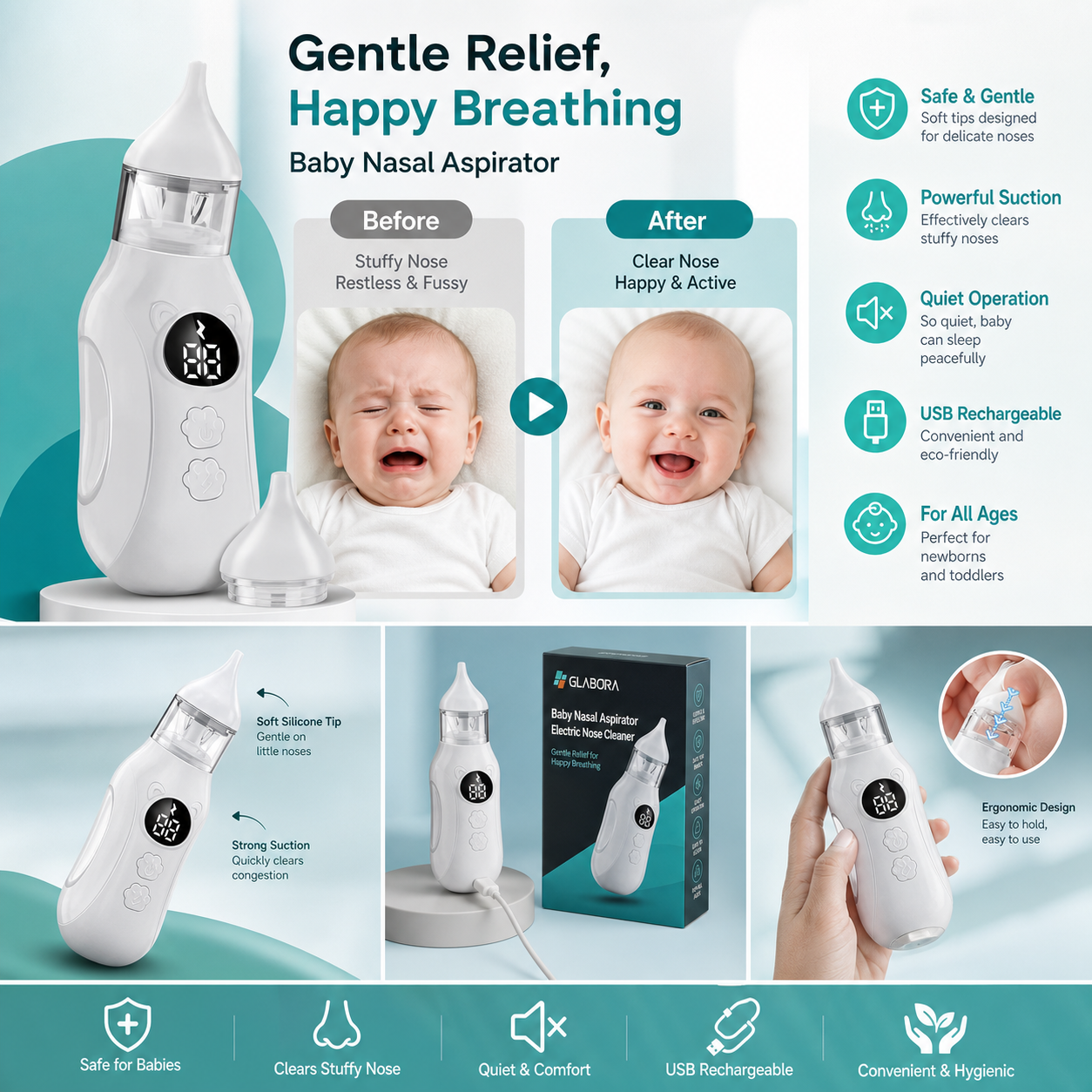 Elektrische neussnuiver voor baby's met 9 snelheden en stil ontwerp | Efficiënte reiniging voor verlichting van verstopping