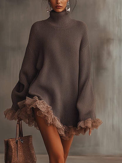 Carlotta | Abito Maglia Donna con Collo Alto e Balze in Pizzo - Romantico Invernale