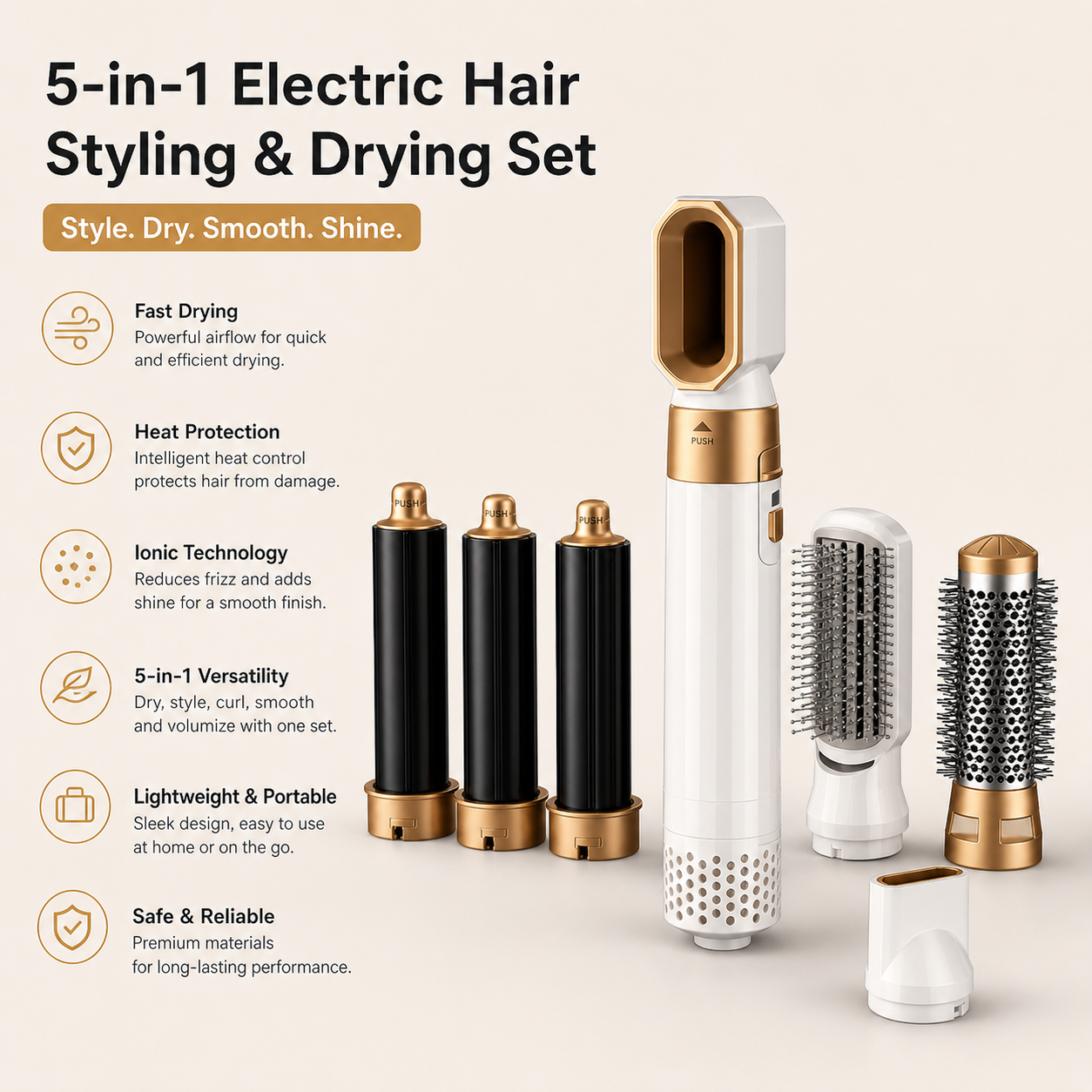 Elektrische Föhn 5-in-1 met Warme Lucht en Krultangfunctie | Multifunctioneel Gereedschap voor Professionele Styling