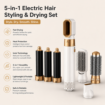 Elektrische Föhn 5-in-1 met Warme Lucht en Krultangfunctie | Multifunctioneel Gereedschap voor Professionele Styling