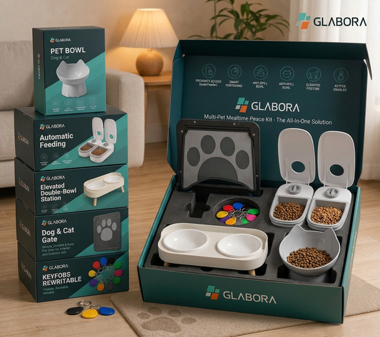 GLABORA RUSTIGE MAALTIJDEN MULTI-DIERENPAKKET 5-IN-1 | VERHOOGDE KATTENKOM, AUTOMATISCHE 2-MAALTIJDEN VOEDERVERDELER, DUBBELE KOMSTATION, SCHUIFDEUR EN 10 RFID SLEUTELHANGERS