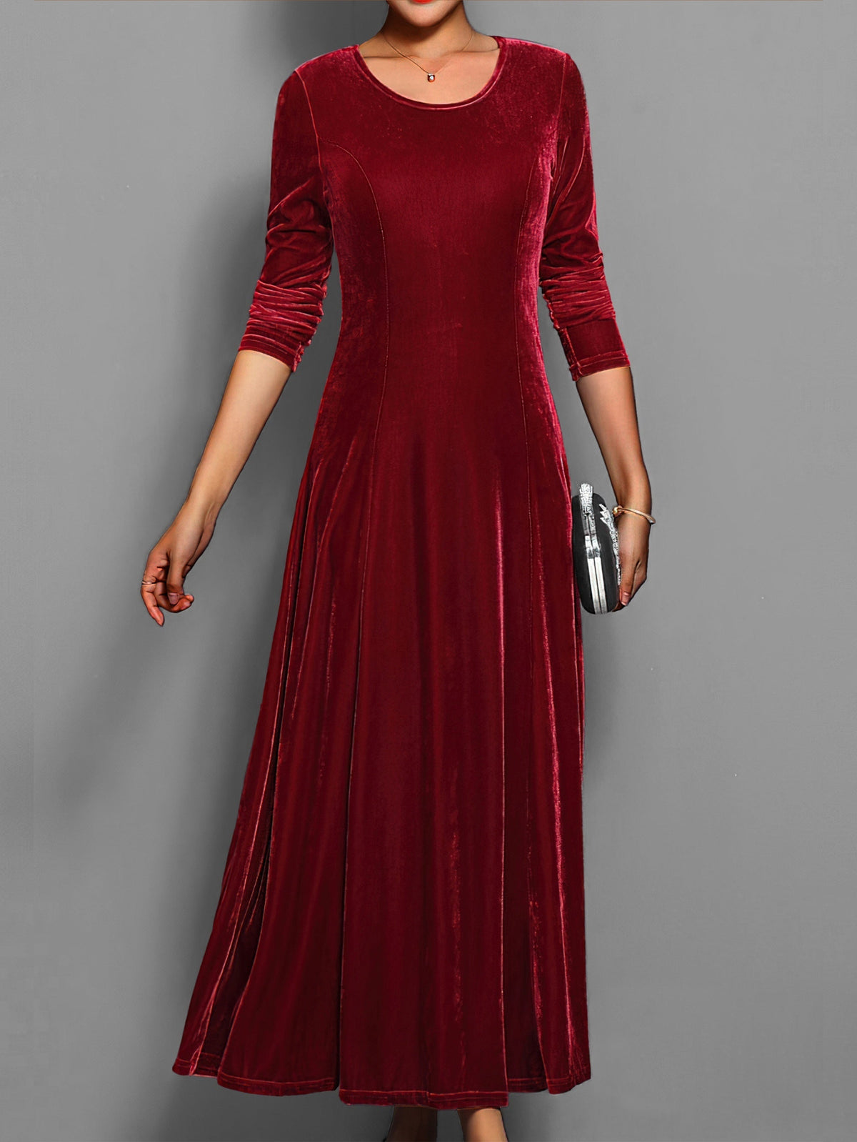 Susanna | Women's Long-Sleeved Velvet Maxi Dress with Flared Skirt - Formal Events
