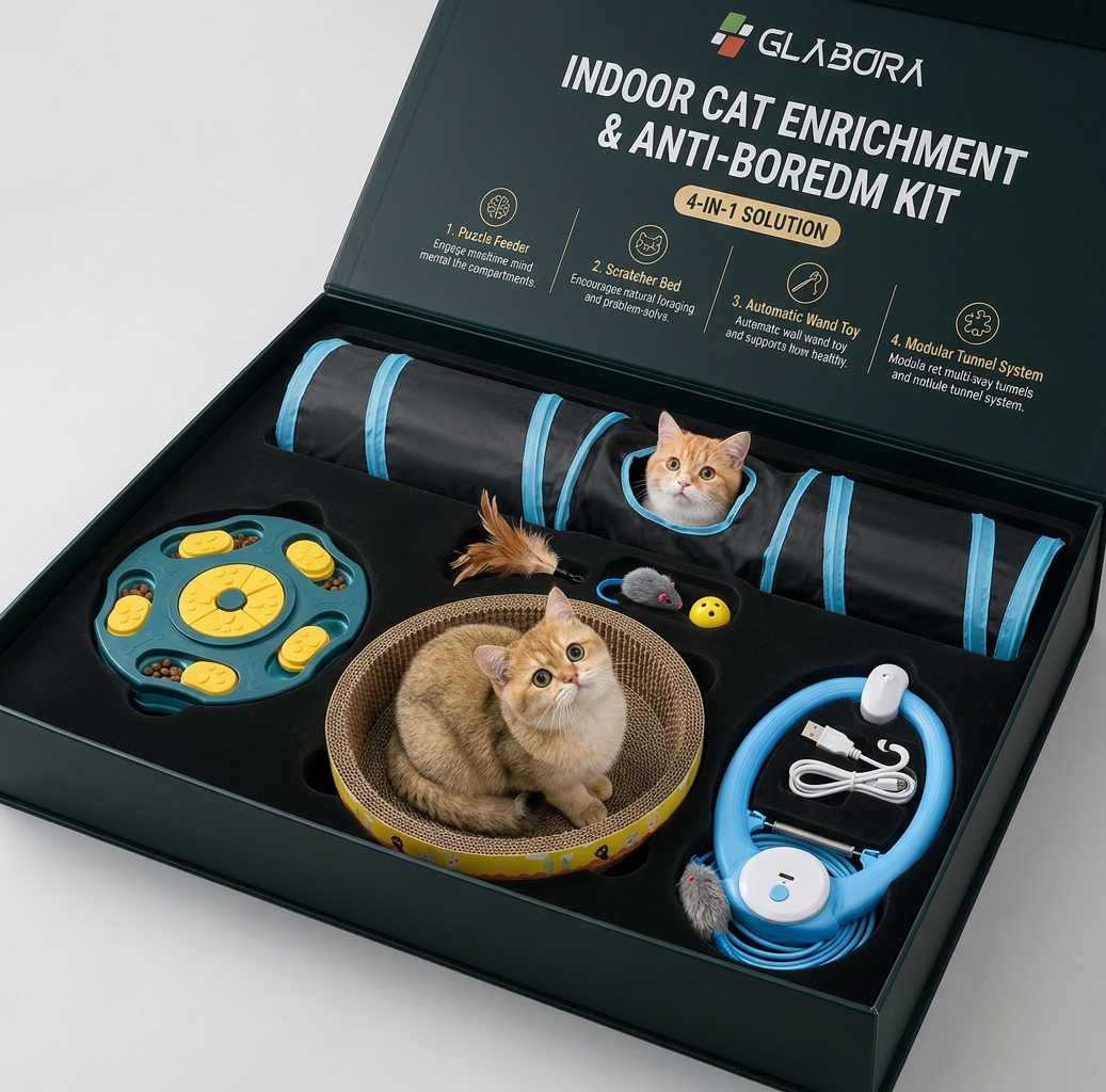 GLABORA KIT ARRICCHIMENTO GATTI 4-IN-1 | GIOCATTOLO AUTOMATICO, PUZZLE FEEDER, TIRAGRAFFI LETTO E TUNNEL MODULARE
