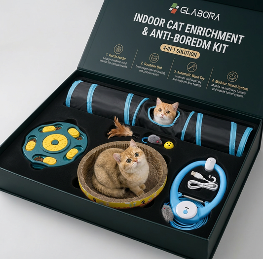 GLABORA KATTEN VERRIJKINGSPAKKET 4-IN-1 | AUTOMATISCH SPEELGOED, PUZZELVOERBAK, KRABPAAL BED EN MODULAIRE TUNNEL