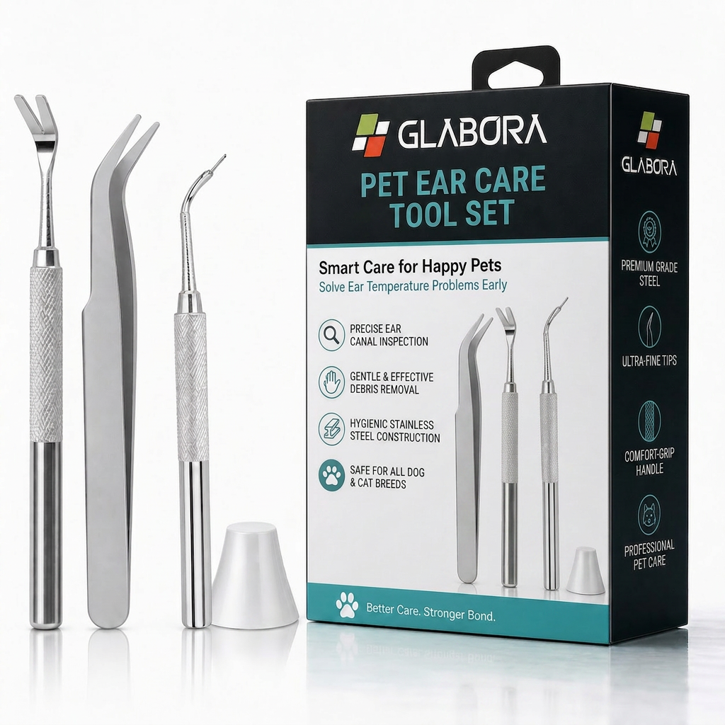 Glabora Kit Pronto Soccorso Animali 4-in-1 | Termometro Auricolare, Kit Zecche, Benda Coesiva e Ginocchiera Ortopedica per Cani e Gatti