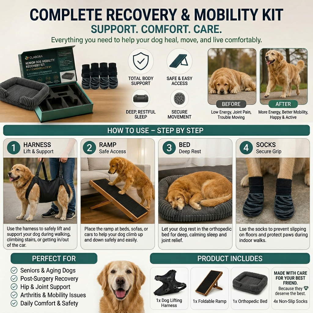 GLABORA SENIOR DOG MOBILITY KIT 4-IN-1 | LIFT HARNESS, FOLDABLE RAMP, ORTHOPEDIC BED, AND NON-SLIP SOCKS