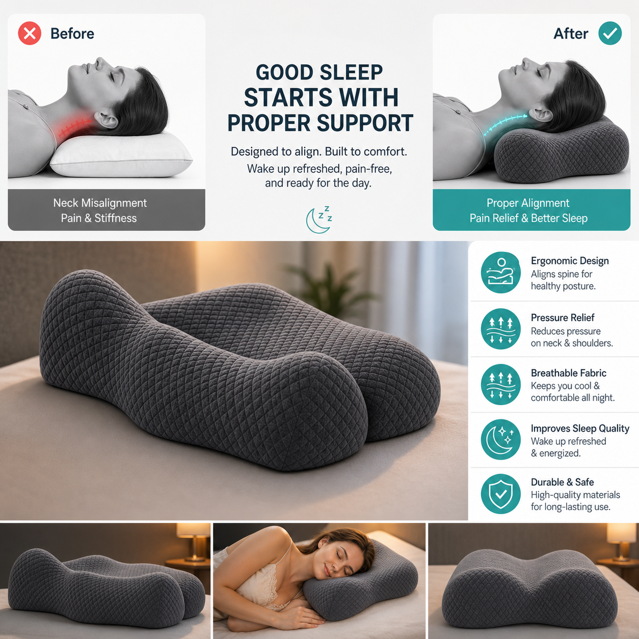 Cuscino Cervicale Ergonomico | Cuscino Memory Foam con Design Sagomato | Supporto Ideale per Dormire di Fianco