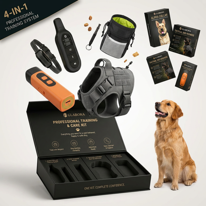 GLABORA KIT ADDESTRAMENTO CANI PROFESSIONALE 4-IN-1 | COLLARE ALPHA, REPELLENTE ULTRASUONI, PETTORINA TATTICA E MARSUPIO SNACK