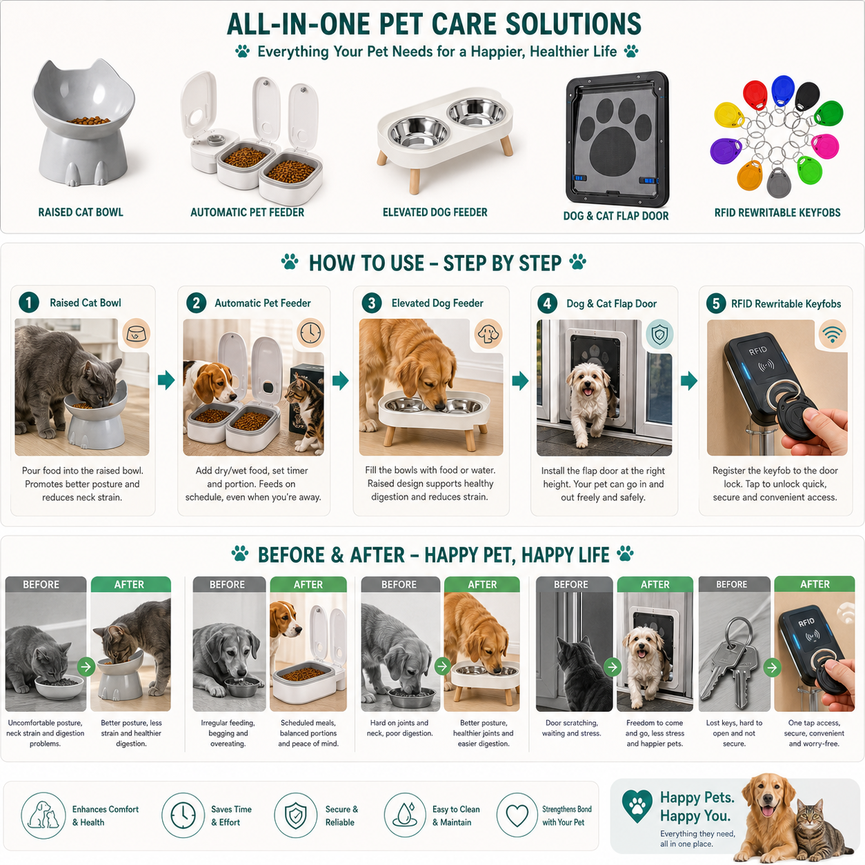 GLABORA KIT PASTI SERENI MULTI-ANIMALE 5-IN-1 | CIOTOLA RIALZATA GATTO, DISTRIBUTORE AUTOMATICO 2 PASTI, STAZIONE DOPPIA CIOTOLA, PORTA BASCULANTE E 10 KEYFOB RFID