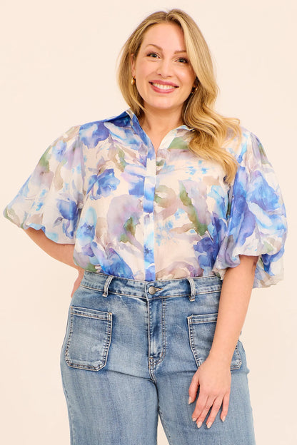 Aeryn | Elegante Camicia Donna Blu Floreale Rilassata 2
