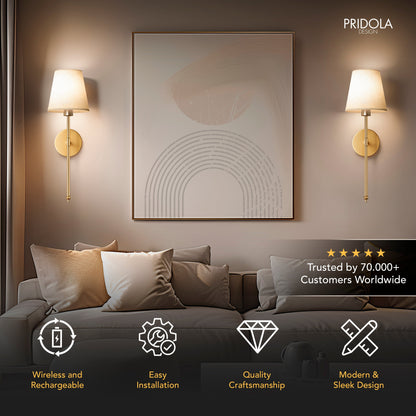 Applique Da Parete Wireless in Ottone con Paralume in Lino Ð Set di 2 per Illuminazione Elegante 1