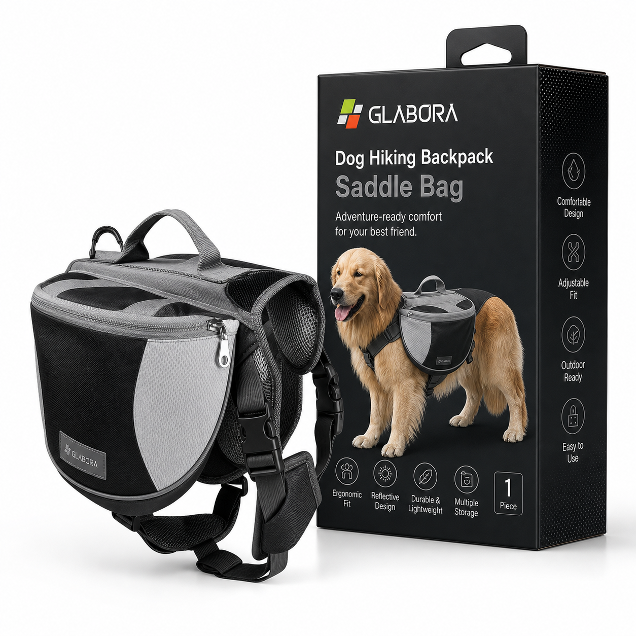 Glabora Adventure & Safety Kit 4-in-1 | Life Jacket, Cooling Vest, LED Collar, and Trekking Backpack for Dogs