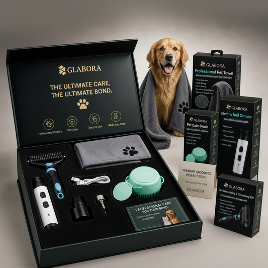 Glabora Kit Toelettatura Cani Professionale 4-in-1 | Tagliaunghie Elettrico, Spazzola Slanatore, Spazzola Bagno in Silicone e Asciugamano Microfibra