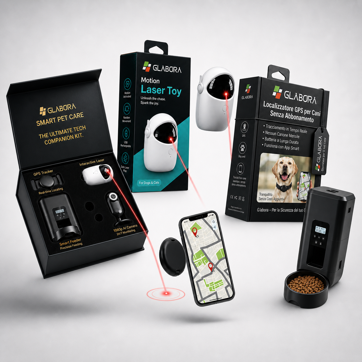 Glabora Smart Pet Care Kit 4-in-1 | AI CAMERA, INTERACTIVE LASER, GPS, AND AUTOMATIC FEEDER