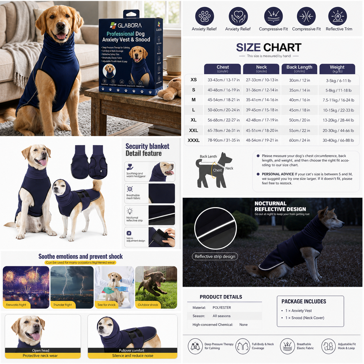 Glabora 4-in-1 Anti-Anxiety Dog Kit, Pressure Vest, Snuffle Mat, Lick Mat & Calming Spray, Stress Relief for Dogs
