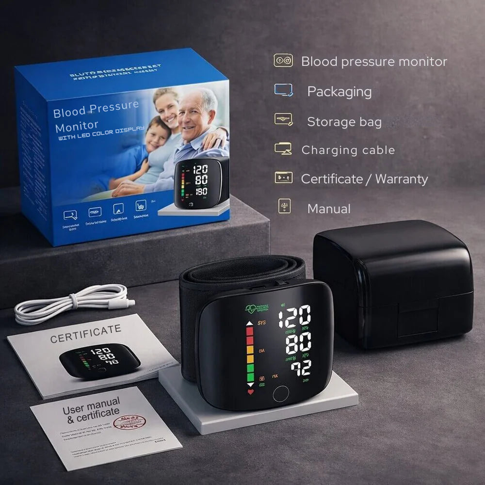 Wrist Blood Pressure Monitor | LED Touchscreen with Voice Report | Dual Memory for Easy Blood Pressure Tracking